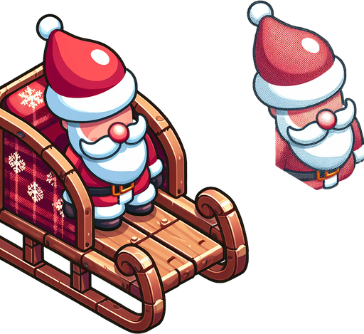 Santas sled, with santa in it Single Game Texture. In-Game asset. 2d. Blank background. High contrast. No shadows. Top down view