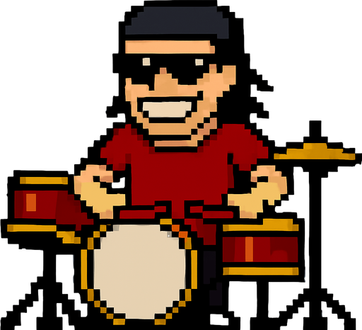 make the next frame when he is hitting the drums while grin smile with one's teeth showing, his hands are down and drumstick are on the drums