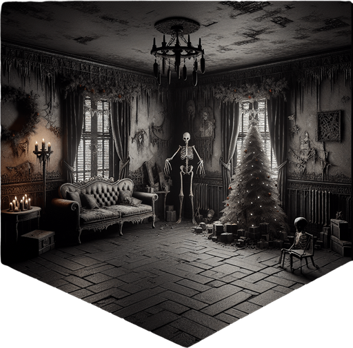 Eerie Christmas-inspired room similar to a resident evil room
Single Game Texture. In-Game asset. 2d. Blank background. High contrast. No shadows.