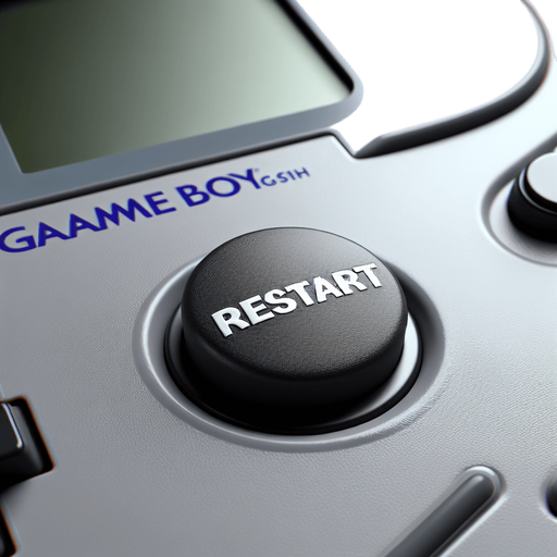 photorealistic black colored round button with restart text on grey gameboy, front view