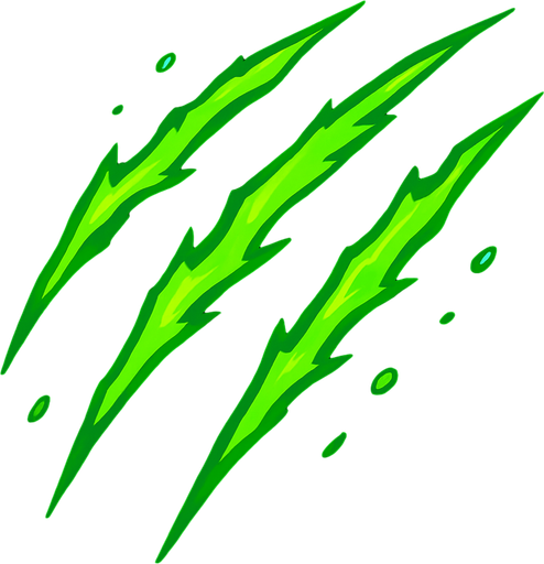 Small green claw slash effect. 2D. Top View..
In-Game asset.  2d.  High contrast.  No shadows