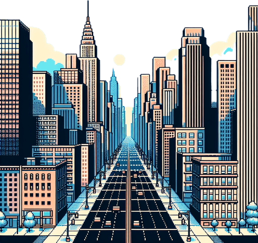 city with skyscrapers with a big street at the bottom.
in-Game background asset. 2d. High contrast. No shadows. 8bit.