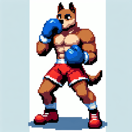 anthropomorphic dog wearing boxing shorts and boxing gloves, boxer, pixel art
Single Game Texture. In-Game asset. 2d. Blank background. High contrast. No shadows.