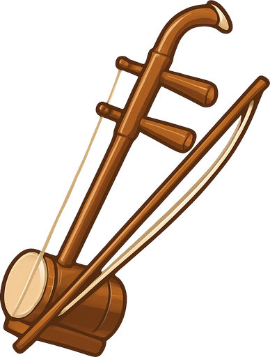 A clean 2D illustration of a traditional Chinese erhu string instrument, showing the bow and curved neck. Stylized with soft shadows, light highlights, and a transparent rounded background for use in educational games..
In-Game asset.  2d.  High contrast.  No shadows
