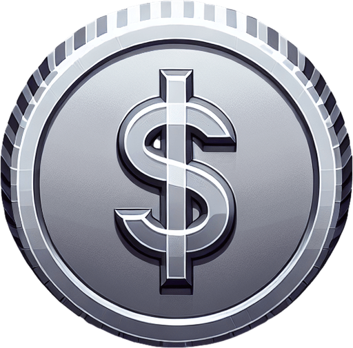 perspective of a basic silver coin with a dollar sign ‘$’....
video game sprite