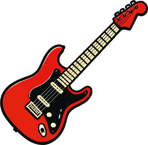 kırmızı renkli elektro gitar yan dursun çalmaya hazır gibi görünsün.
In-Game asset.  2d.  High contrast.  No shadows