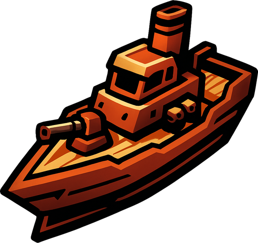 The small warship is fast and agile, designed for quick attacks and evading enemy fire. It has light armor and carries a few small cannons. Its compact size makes it harder to hit but less durable..
In-Game asset.  2d.  High contrast.  No shadows