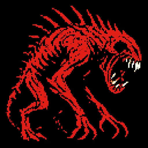 un mounstro grande hecho con pixeles con perspectiva de lado y mas aterrador
In-Game asset.  2d.  High contrast.  No shadows