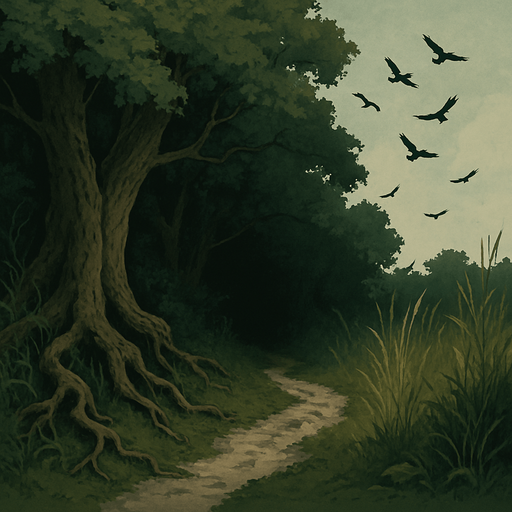 The edge of a thick medieval forest, tangled roots and wild grass, birds flying above, a worn path leading into shadow, realistic.
In-Game asset.  2d.  High contrast.  No shadows