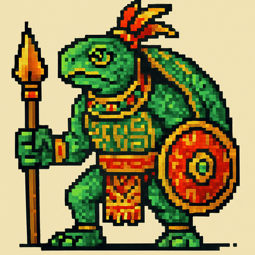 Generame un guerrero azteca con patrones, estilo pixelar, ademas sera un Tortuga de ciénaga colombiana humanoide.
In-Game asset.  2d.  High contrast.  No shadows