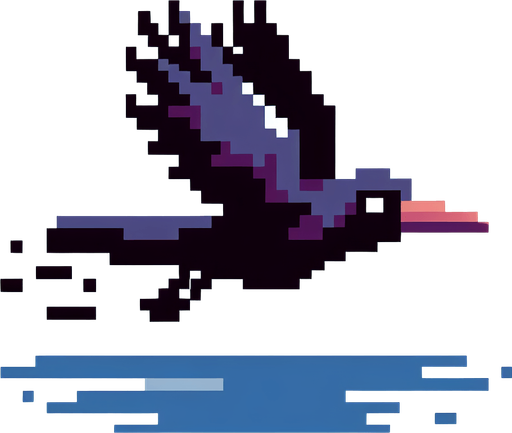 8-bit profile of crow flying straight.
Single Game Texture. In-Game asset. 2d. Blank background. High contrast. No shadows.