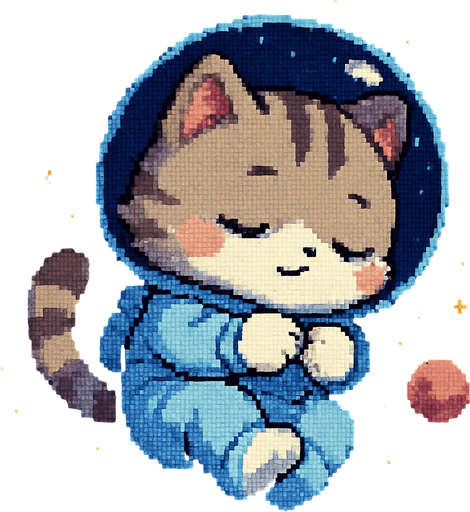A cute kitten, illustrated in an adorable chibi anime style and wearing an astronaut suit, floats peacefully through outer space, sleeping in the most precious, curled-up position imaginable. Its tiny paws are tucked in close, and its expression is serene. The entire scene is rendered in a charming Pixel Art style.