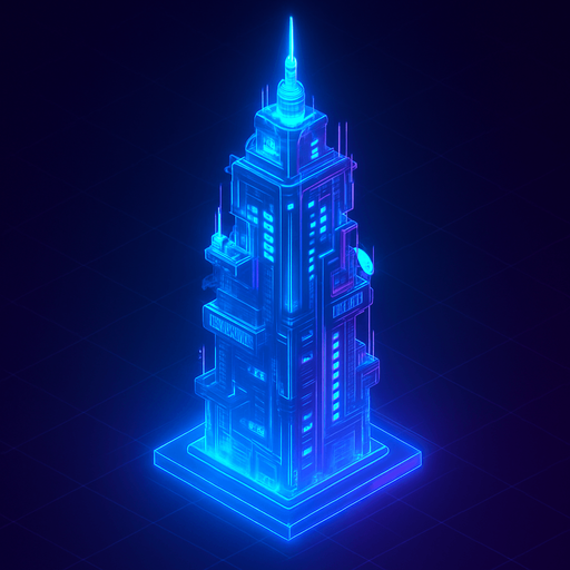 Top down isometric neon cyberpunk anime tower spire 3d hologram glowing  3d hologram hd large