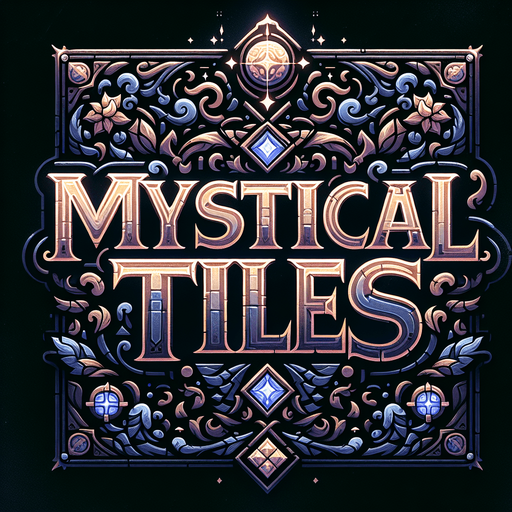 A large game logo displaying the title 'Mystical Tiles' in a mysterious font with magical decorations and effects, suitable for display on a dark bagground. Aspect ratio of the logo should be 10:4.
Single Game Texture. In-Game asset. 2d. Blank background. High contrast. No shadows.