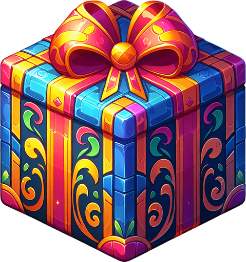 gift wrapped box, vivid colours. with bow on top Single Game Texture. In-Game asset. 2d. Blank background. High contrast. No shadows. Single Game Texture. In-Game asset. 2d. Blank background. High contrast. No shadows.
