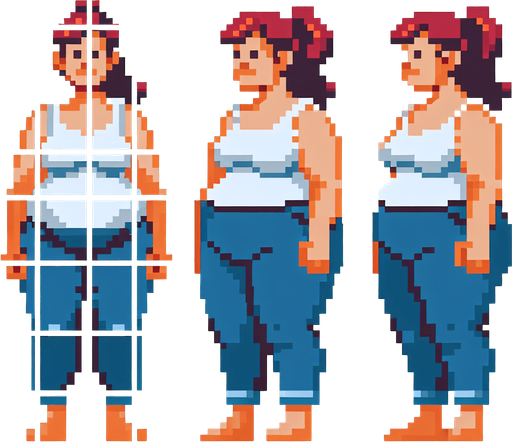 a pixelated fat lady.
Single Game Texture. In-Game asset. 2d. Blank background. High contrast. No shadows.