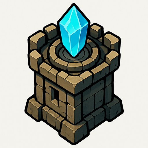 torre con cristal encima desde arriba.
In-Game asset.  2d.  High contrast.  No shadows