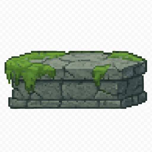 Stone platform sprite, solid gray granite texture with green moss covering, ancient ruins style, rectangular shape, weathered stone surface, small cracks and details, stable and heavy appearance, 2D pixel art, side view, transparent background.
In-Game asset.  2d.  High contrast.  No shadows