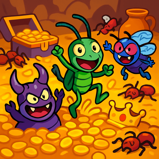 When the evil insects win, they celebrate by swimming in piles of gold coins. Cartoonish, colorful, and fun scene. In the background, defeated allied ants and the lost treasure atmosphere. Filled with vibrant colors and animated details..
In-Game asset.  2d.  High contrast.  No shadows
