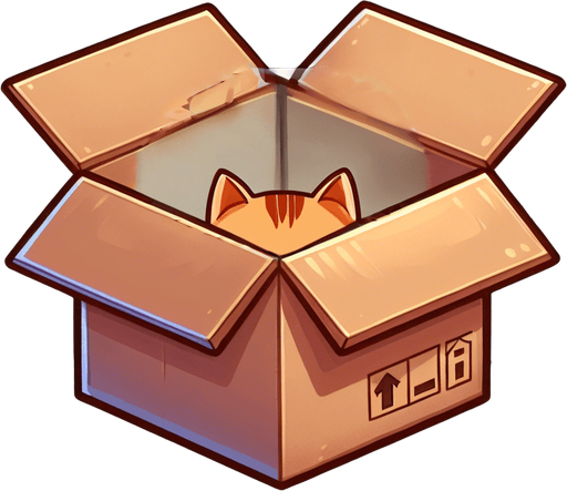 Cute Chibi ginger cat's head and ears look from the box into the camera. Cheeky, happy.