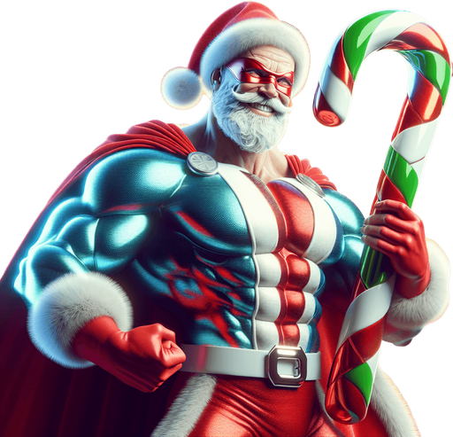 A old super hero Santa Claus holding a candy cane in his hand High contrast.
