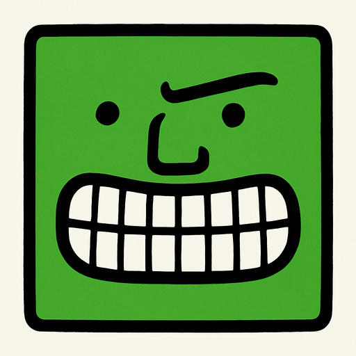 Basit yeşil renkde kare yüz. Gözü çok küçük, dişleri kaftar, burnu normal, kaşı ince.
In-Game asset.  2d.  High contrast.  No shadows