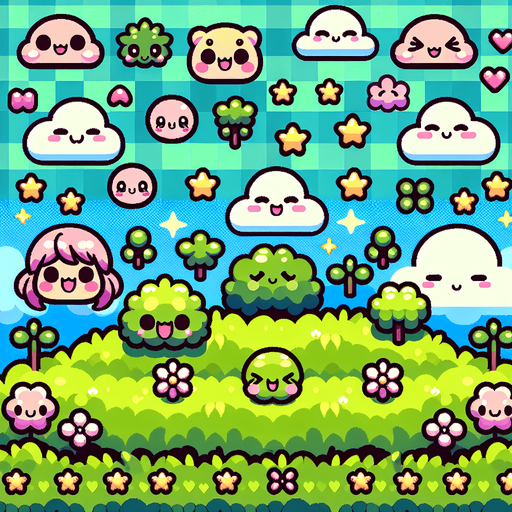 kawaii style grass feild backdrop.
Single Game Texture. In-Game asset. 2d. Blank background. High contrast. No shadows.