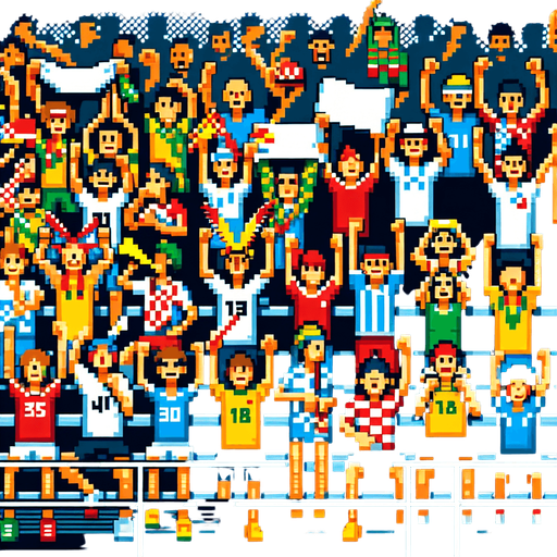 8-bit pixelated cheering group of young fans at the olympics holding signs, Vuvuzelas and confetti.
Single Game Texture. In-Game asset. 2d. Blank background. High contrast. No shadows.