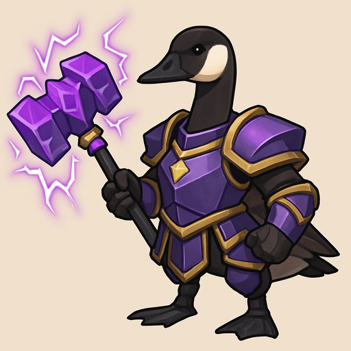 A Canadian goose in armor armed electro purple battle hammer..
In-Game asset.  2d.  No shadows