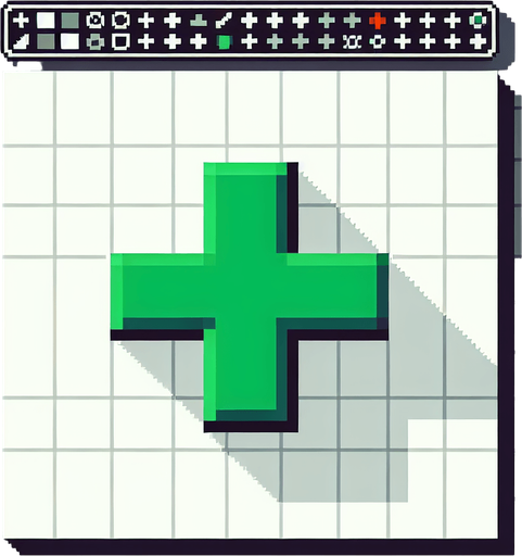 green plus sign
Single Game Texture. In-Game asset. 2d. Blank background. High contrast. No shadows. pixel. 8 bit
