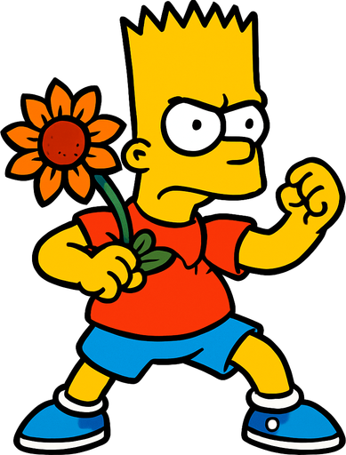 Bart in a fighting pose with a flower's head in his shirt.
In-Game asset.  2d.  High contrast.  No shadows