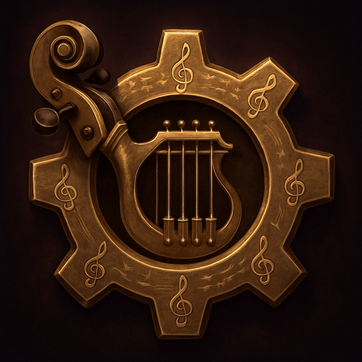 Design an icon for the Settings menu in a fantasy tower defense game set in a haunted concert hall. The icon should be a stylized gear or cogwheel, but with a musical twist: integrate treble clefs, tuning pegs, or parts of old instruments (like violin scrolls or piano strings) into the gear design.

Use metallic textures (bronze, dark gold, or polished silver), with soft magical glow or engraved music notes along the edges.
Background should be subtle—deep velvet or dark wood, with ambient lighting to highlight the gear.

Icon must be square (256×256 px), readable at small sizes, and include no text.
Style: elegant, orchestral fantasy UI—matching the tone of a classical concert hall with magical elements..
In-Game asset.  2d.  High contrast.  No shadows
