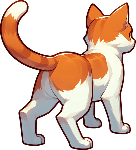an orange and white cat facing away from the camera. the cat is sitting straight up and looking up, ready to pounce.
Single Game Texture.  In-Game asset.  2d.  Blank background.  High contrast.  No shadows