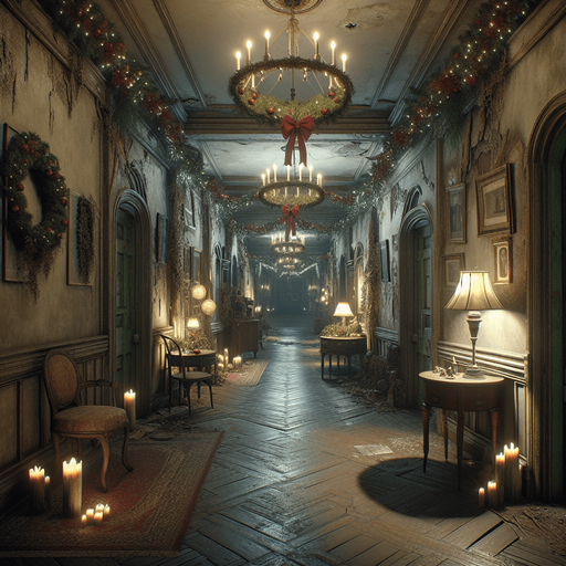 Eerie Christmas-inspired hallway similar to a resident evil room
Single Game Texture. In-Game asset. 2d. Blank background. High contrast. No shadows.