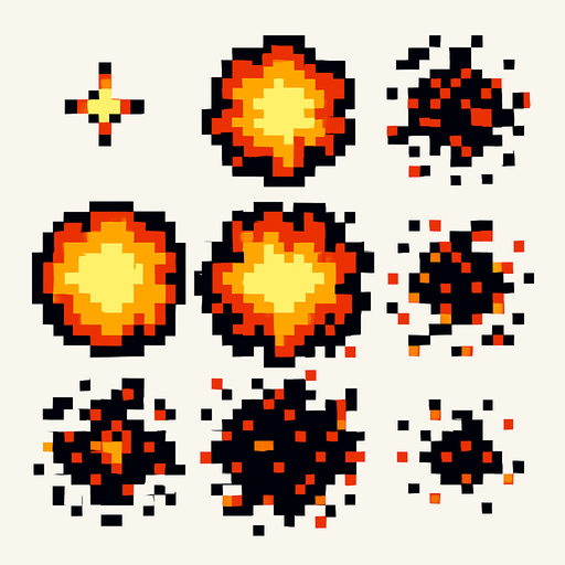 Раскадровка пиксельного взрыва с видом с верху без фона.
In-Game asset.  2d.  High contrast.  No shadows