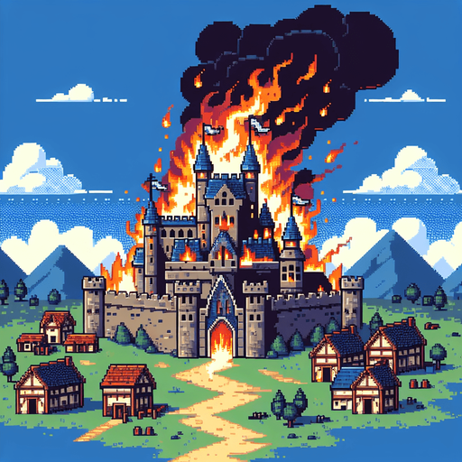 pixel art dramatic epic medieval village castle burning bad day.
Single Game Texture.  In-Game asset.  2d.  Blank background.  High contrast.  No shadows