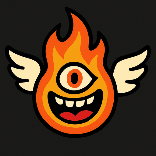 fuego con alas, ojo y boca.
In-Game asset.  2d.  High contrast.  No shadows