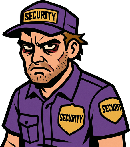 A 30-something security guard in a purple uniform, looking tired and vengeful..
In-Game asset.  2d.  High contrast.  No shadows