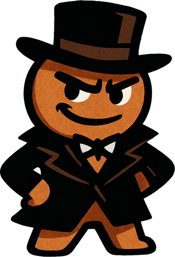 Bana biraz sinsi gülüş atan, siyah şapkası ve giysisi olan bir kurabiye çiz (Asil dursun) ..
In-Game asset.  2d.  High contrast.  No shadows