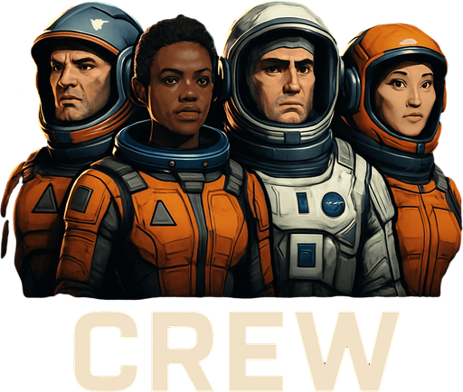 Uzay temalı Spaceship Crew, gerçekçi, Altında "crew" yazsın.
In-Game asset.  High contrast.  No shadows