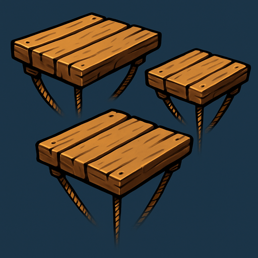 Tarimas con cuerdas tensadas flotando debajo..
In-Game asset.  2d.  High contrast.  No shadows