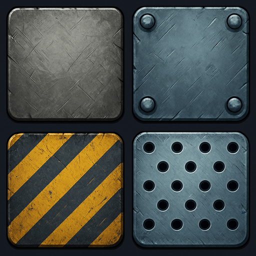 Different metal backgrounds, square.
In-Game asset.  2d.  High contrast.  No shadows
