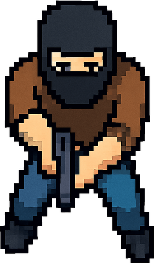 Draw a Man He Have Baclava mask wearin brown shirt and blue pants He Using Gun with 2 hands 
 in 2D Pixel Art Style and Do It from an Above Perspective.In-Game asset.  2d.  High contrast.  No shadows