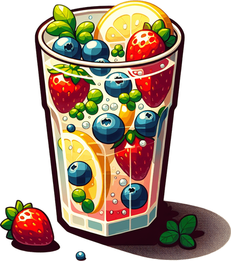 A nice glass of lemonade with strawberries and blueberries.
Single Game Texture. In-Game asset. 2d. Blank background. High contrast. No shadows.