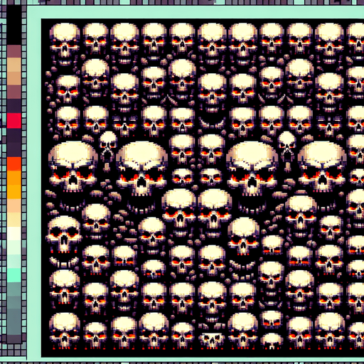 16 bit wall of skulls with red eyes Single Game Texture. In-Game asset. 2d. Blank background. High contrast. No shadows.