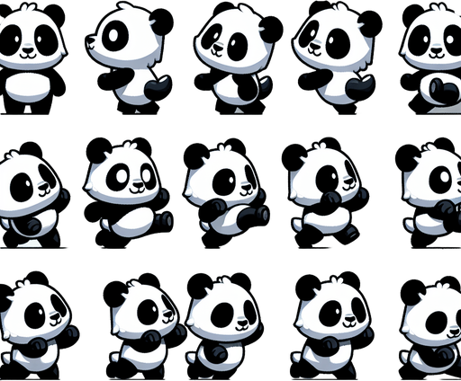 ayakta koşan bir pandanın farklı anları.
Single Game Texture. In-Game asset. 2d. Blank background. High contrast. No shadows.