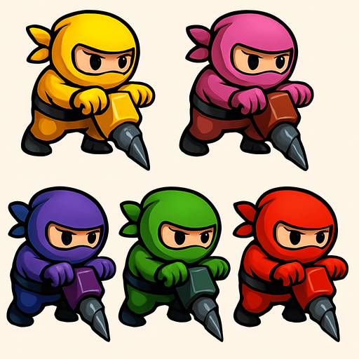 Pack of ninja characters with dig machine of sharpe rotated head of hands not trucks. different colors,yellow,pink,brown,purple,blue,green,red, HD colors