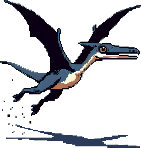 pixel art pterodactyl flying.
Single Game Texture. In-Game asset. 2d. Blank background. High contrast. No shadows.