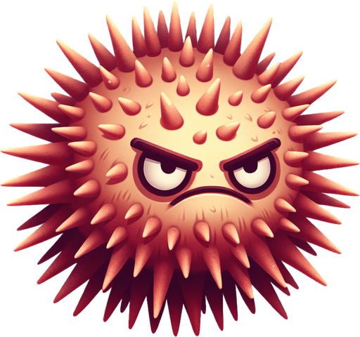 Sea urchin, cartoon, spiny, long spines, grumpy face, no shadow
Single Game Texture. In-Game asset. 2d. Blank background. High contrast. No shadows.