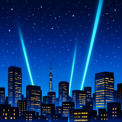 langit malam dikejauhan kota modern dengan lampu lampu sorot ke atas langit . anime 2d.  High contrast.  No shadows